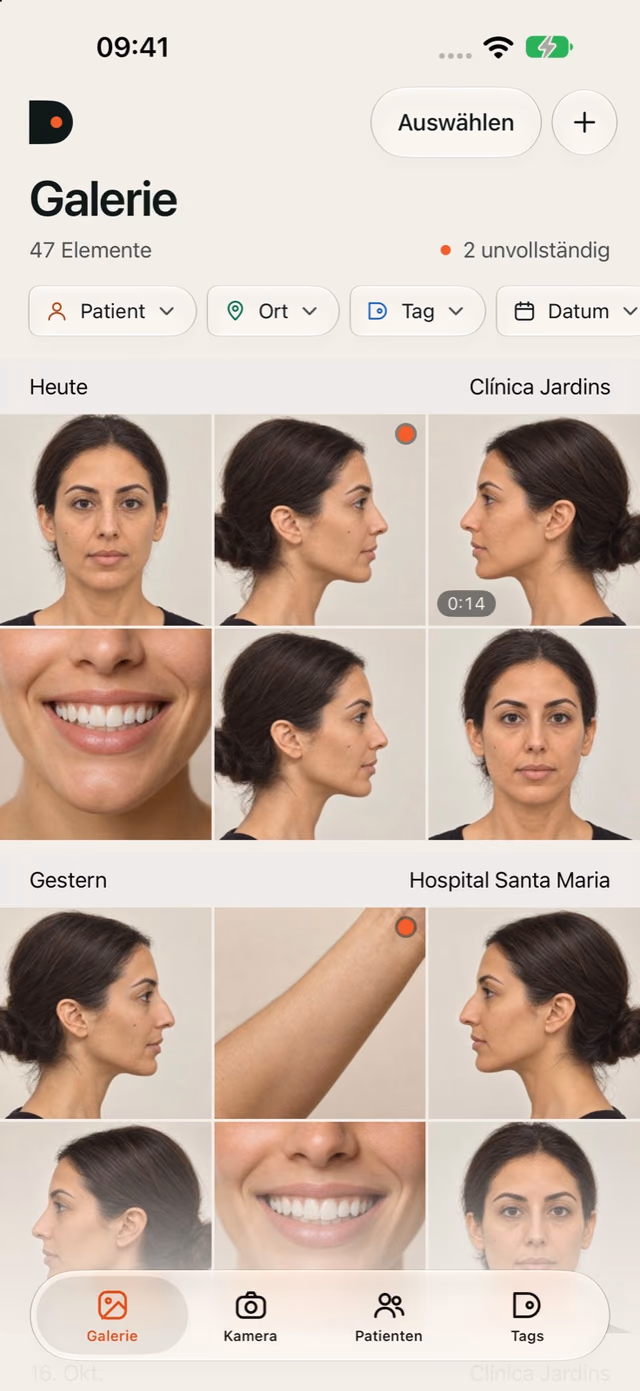 DrPhoto-Galerie mit klinischen Fotos nach Datum und Ort sowie Filtern für Patient und Verfahren