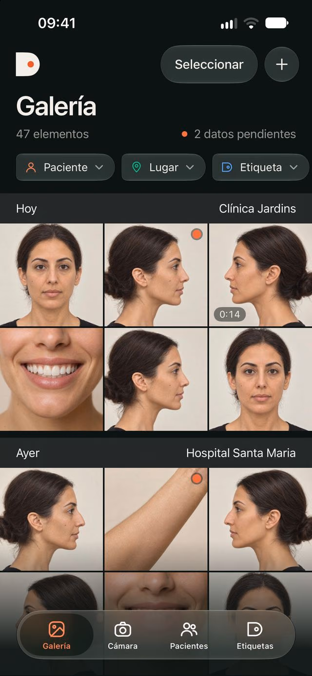 Galería de DrPhoto con fotos clínicas agrupadas por fecha y lugar y filtros de paciente y procedimiento