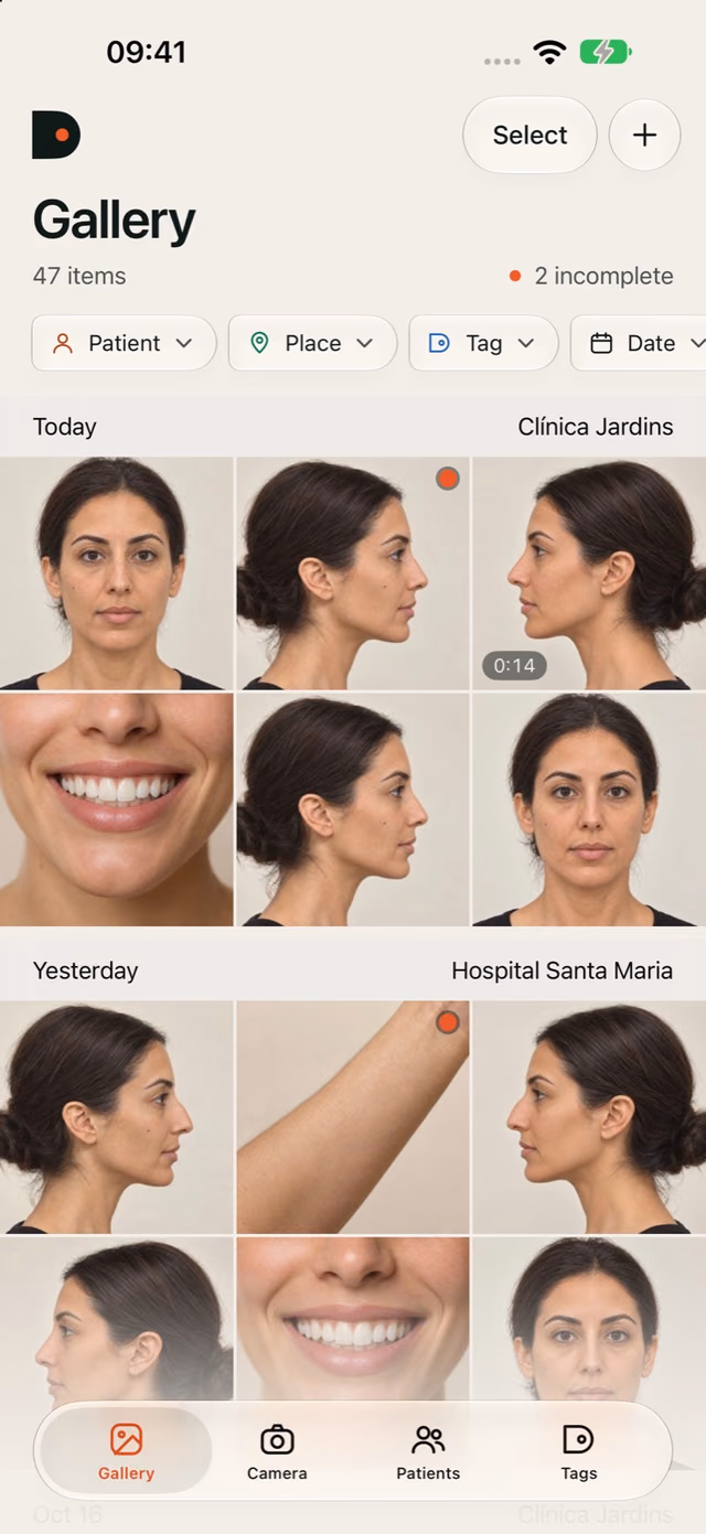 DrPhoto gallery with clinical photos grouped by date and location and filters for patient and procedure