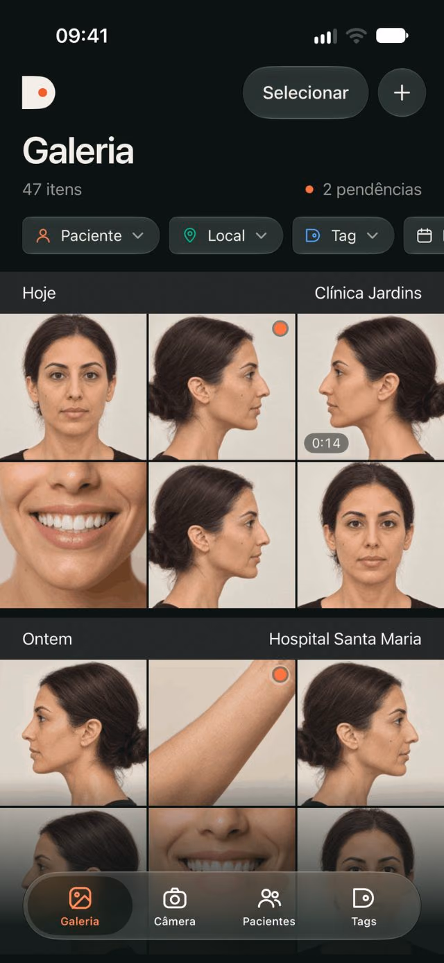 Galeria da DrPhoto com fotos clínicas agrupadas por data e local e filtros de paciente e procedimento