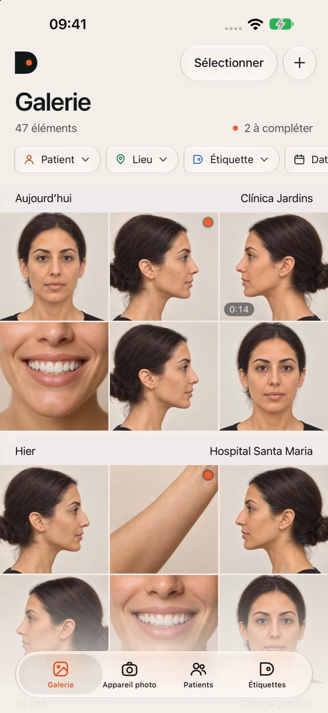 Galerie DrPhoto avec photos cliniques par date et lieu et filtres de patient et d’acte