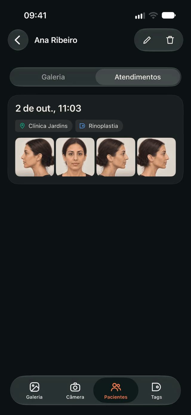 Atendimento de uma paciente na DrPhoto com data, local, procedimento e fotos da consulta