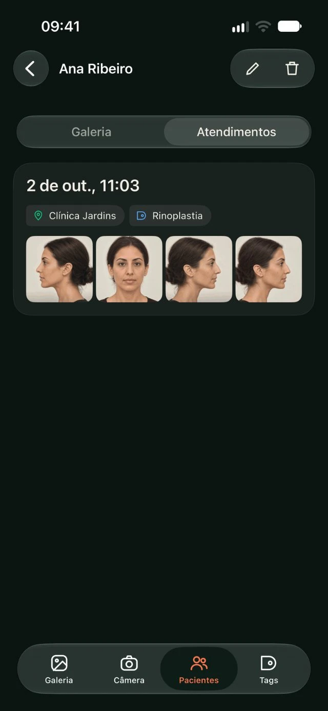 Atendimento de uma paciente na DrPhoto com data, local, procedimento e fotos da consulta