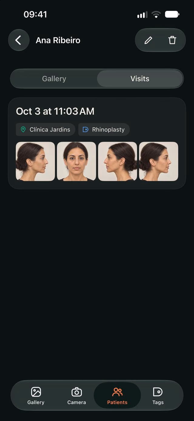 A patient visit in DrPhoto showing the date, location, procedure and photos from the appointment