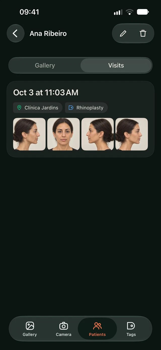 A patient visit in DrPhoto showing the date, location, procedure and photos from the appointment