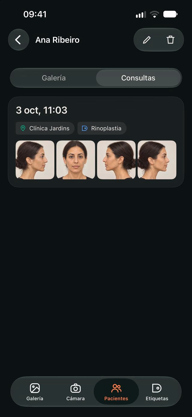 Consulta de una paciente en DrPhoto con fecha, lugar, procedimiento y fotos de la consulta