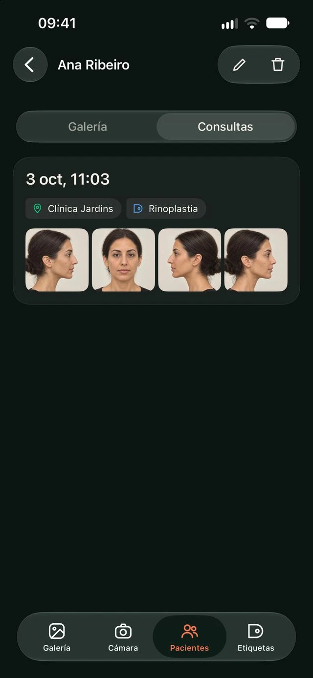 Consulta de una paciente en DrPhoto con fecha, lugar, procedimiento y fotos de la consulta