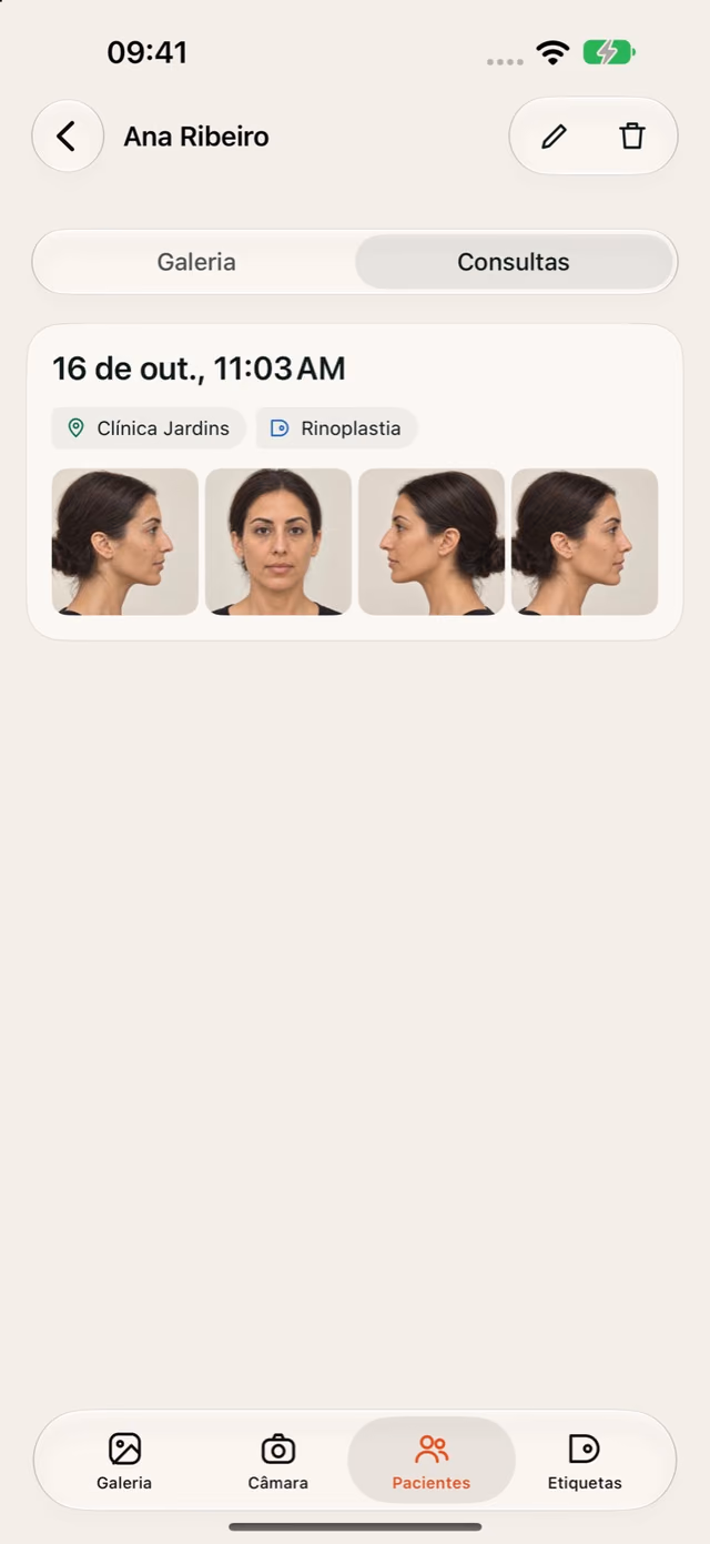 Consulta de uma paciente no DrPhoto com data, local, procedimento e fotografias