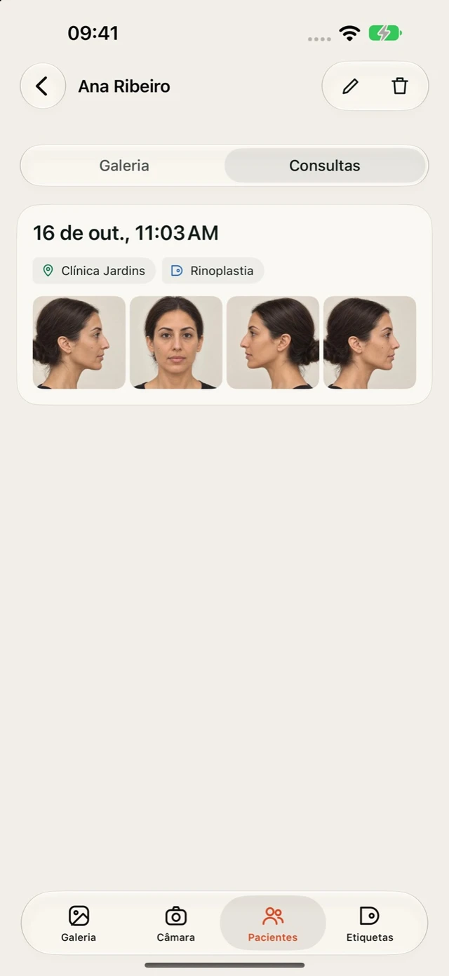 Consulta de uma paciente no DrPhoto com data, local, procedimento e fotografias