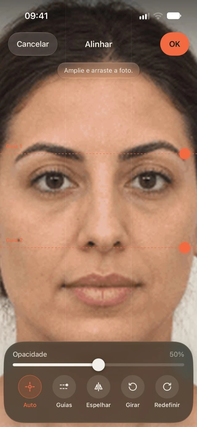 Alinhamento de fotos na DrPhoto com guias, controle de opacidade e opções de espelhar e girar
