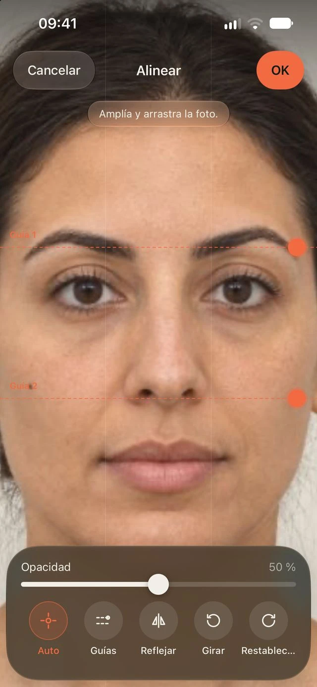 Alineación de fotos en DrPhoto con guías, control de opacidad y opciones para reflejar y girar